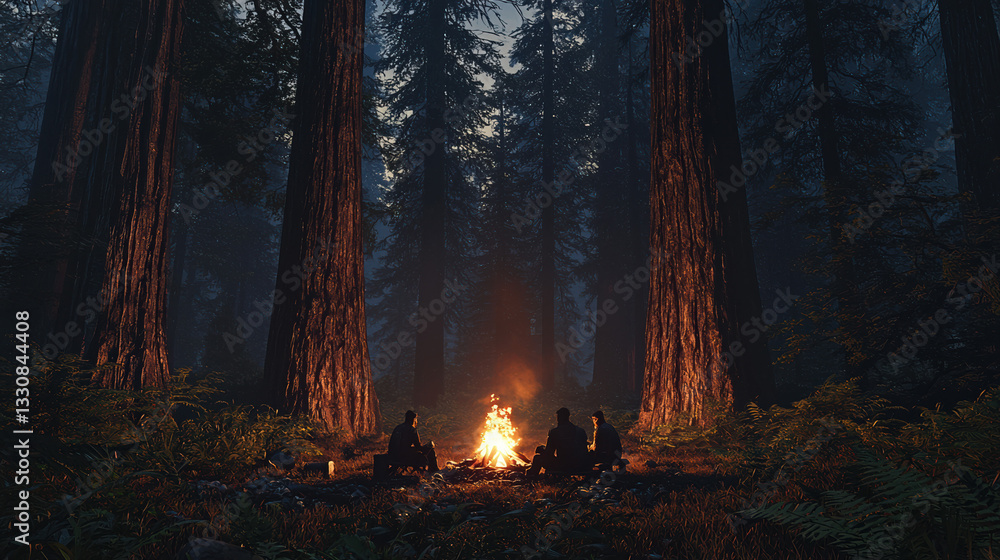 A 3 peoples in front of camera, sitting by a campfire in a forest, in the night time, surrounded by big trees, photo is zoom in A 3 peoples in front of camera, sitting by a campfire in a forest, in the night time, surrounded by big trees, photo is zoom in