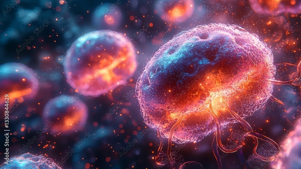 Naklejka premium Vibrant close-up of glowing jellyfish in a deep-sea environment, showcasing bioluminescence and fluid motion, ideal for marine life and science-themed projects.