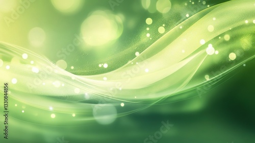 Abstract green background featuring wavy lines and sparkling bokeh lights