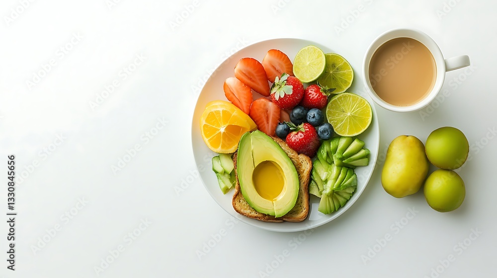 Colorful Healthy Breakfast Plate with Avocado Toast and Fresh Fruit Colorful Healthy Breakfast Plate with Avocado Toast and Fresh Fruit