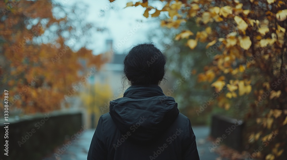 Fototapeta premium Person in Black Coat Walking on Pathway Surrounded by Autumn Leaves in a Tranquil Setting