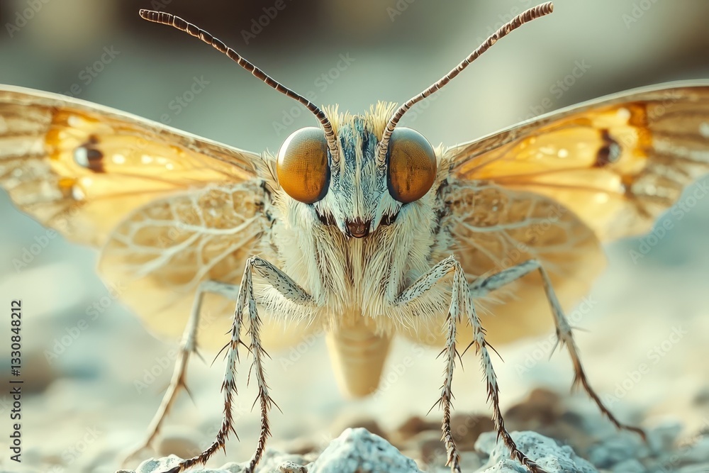 Obraz premium Close-up of a vibrant butterfly perched on a surface, showcasing intricate wing patterns and large eyes, perfect for nature and wildlife themes.