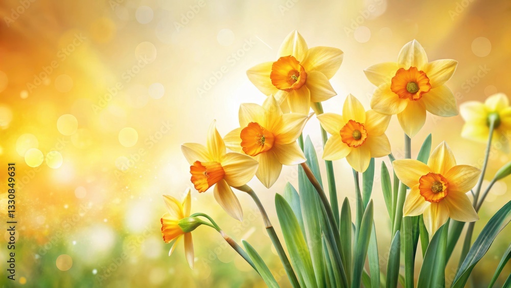 Fototapeta premium A radiant cluster of springtime daffodils basks in the warm glow of a sun-drenched meadow, their vibrant yellow petals and orange centers creating a breathtaking display of natural beauty.