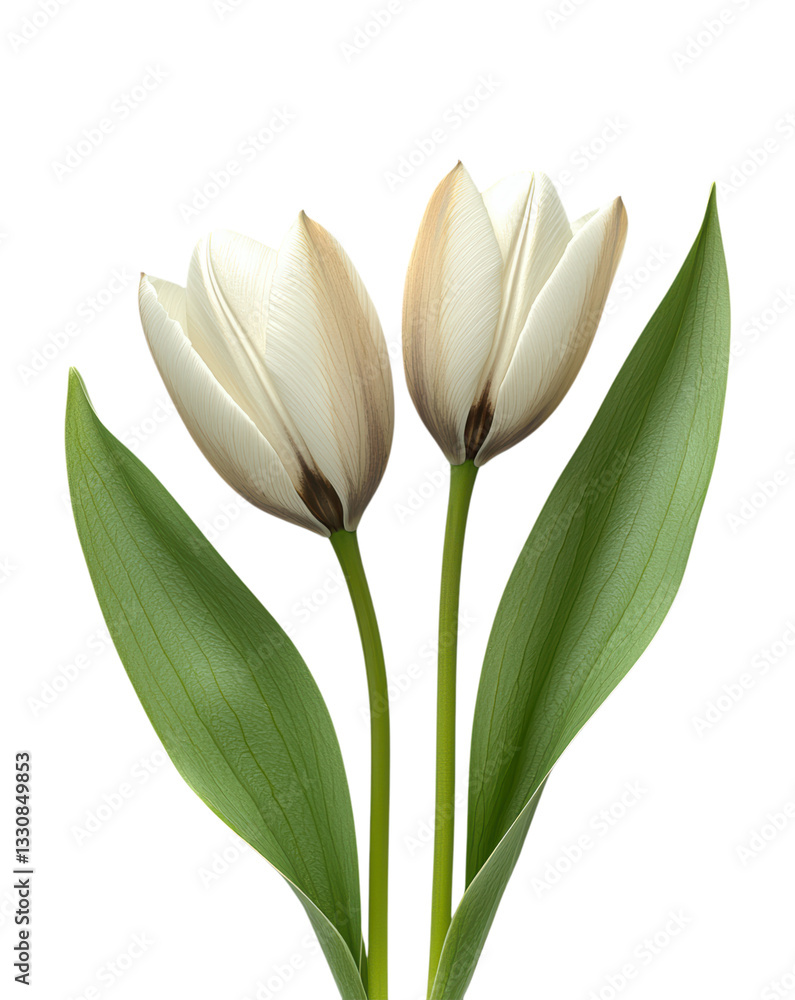 Two Elegant White Tulips with Green Leaves, Isolated on Transparent and White Background Two Elegant White Tulips with Green Leaves, Isolated on Transparent and White Background