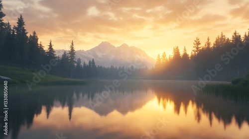 Serene sunrise over mountains reflected in a tranquil lake, surrounded by lush trees.