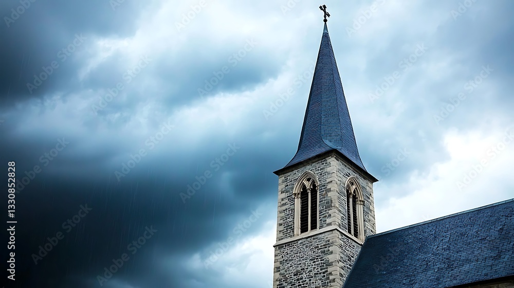 Fototapeta premium Elegant Church Steeple Against Dramatic Dark Sky with Storm Clouds and Cross on Top