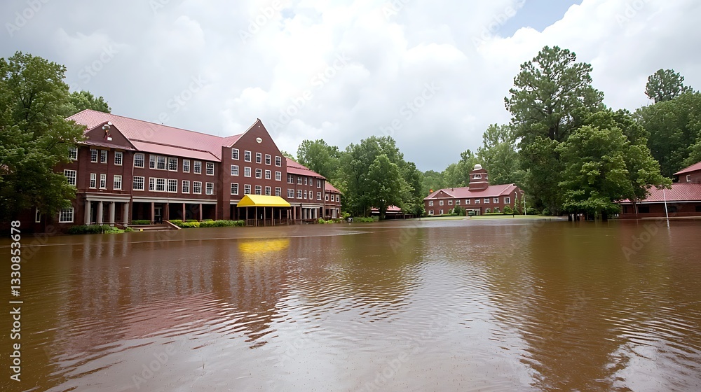 Fototapeta premium Flooded buildings surrounded by trees under cloudy sky reflecting in calm water on a summer day