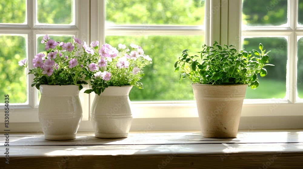 Fototapeta premium Beautiful Pink Flowers Potted Plants Sunny Windowsill herb home life life green decor