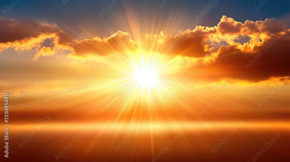 Fototapeta premium Majestic Sunrise Over Cloudy Horizon with Radiant Sunbeams Filling the Sky and Landscape