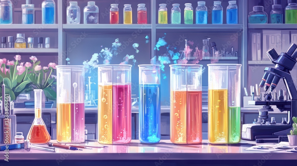 Colorful chemical reactions in a lab Colorful chemical reactions in a lab