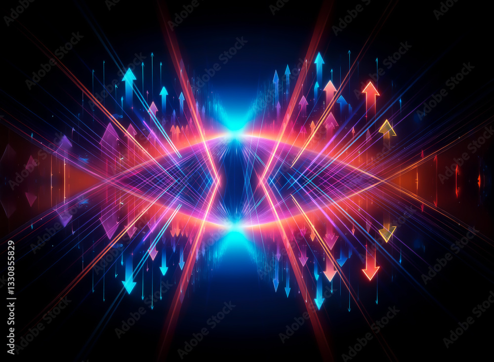 Vibrant abstract design featuring a central glowing eye shape with radiating lines and arrows pointing upwards against a dark background, conveying futuristic energy. Vibrant abstract design featuring a central glowing eye shape with radiating lines and arrows pointing upwards against a dark background, conveying futuristic energy.