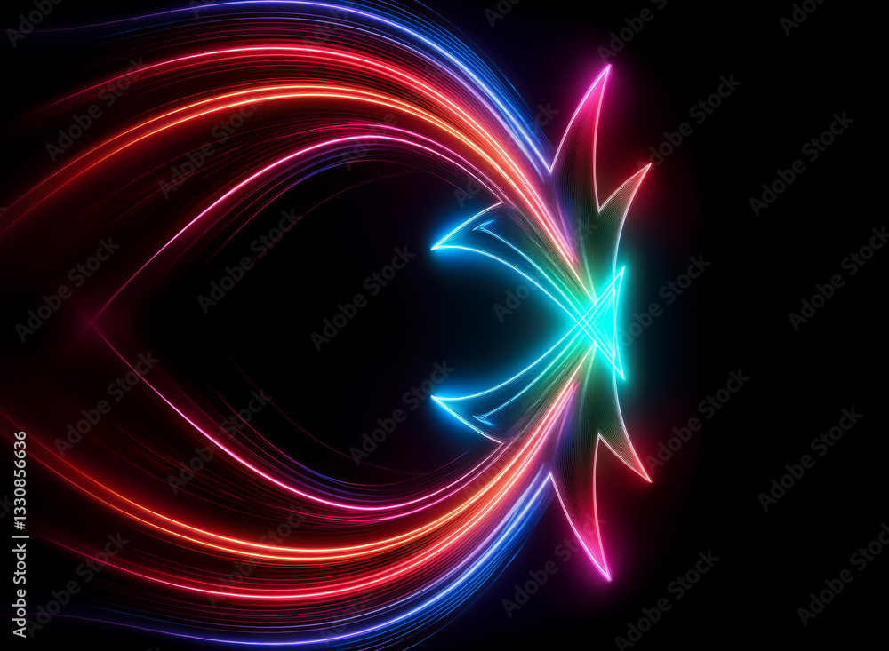Obraz premium Vibrant neon light streaks converge into a symmetrical, abstract design against a stark black background, creating a dynamic and futuristic visual effect.