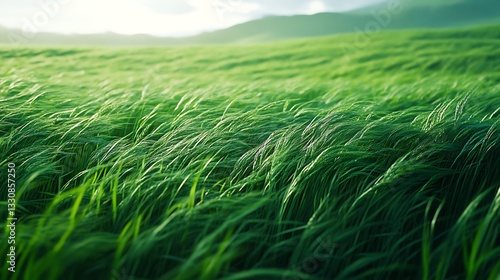 The grassland stretches endlessly, its emerald-green blades swaying in the gentle breeze like an ocean of silk