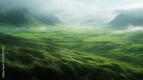 The grassland stretches endlessly, its emerald-green blades swaying in the gentle breeze like an ocean of silk