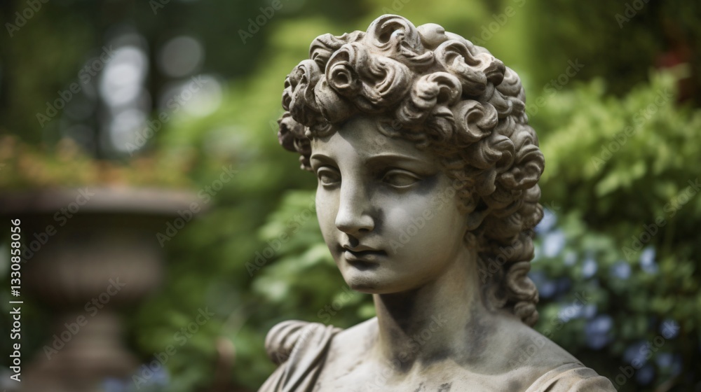 Serene Stone Bust of a Young Woman in a Lush Garden Serene Stone Bust of a Young Woman in a Lush Garden