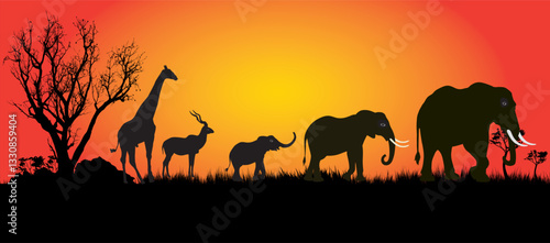 elephants, zebra,impala and giraffe against a orange sunset