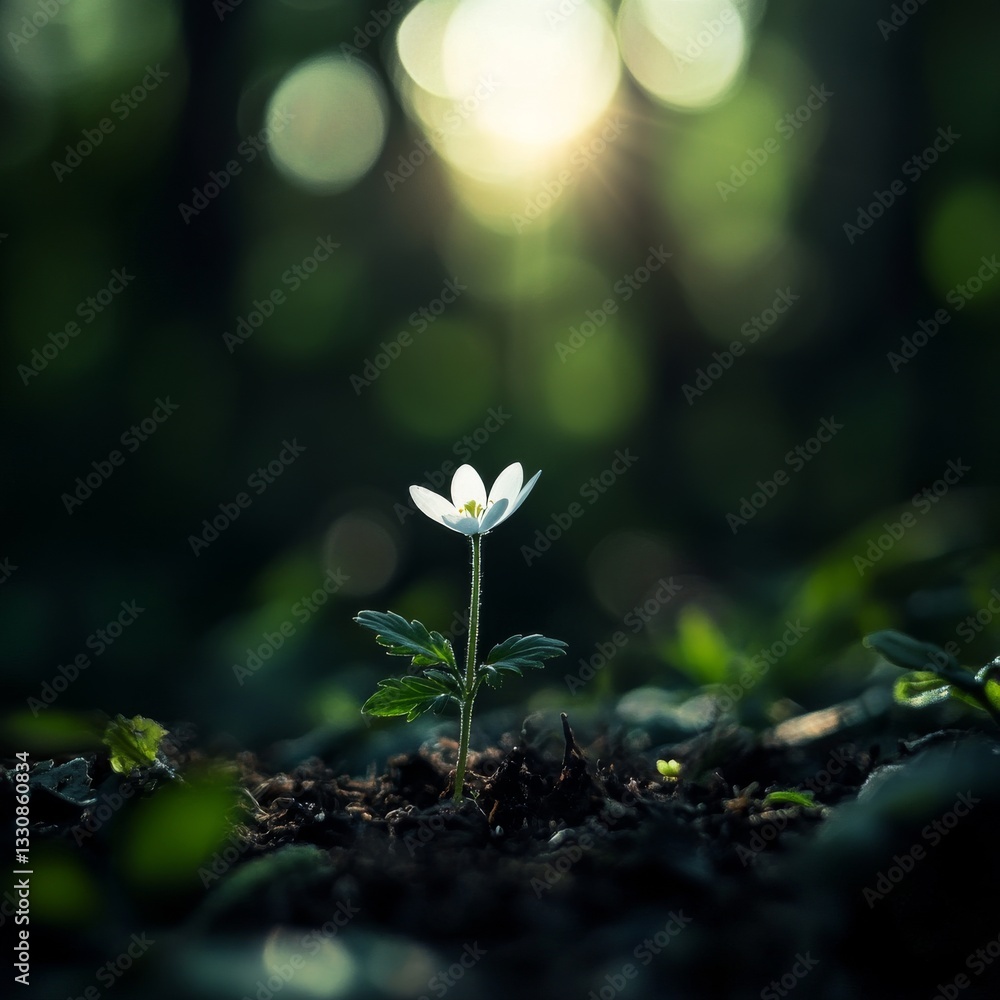 A single delicate white flower emerges from the soil, with sunlight shining on it through the dense forest. A single delicate white flower emerges from the soil, with sunlight shining on it through the dense forest.