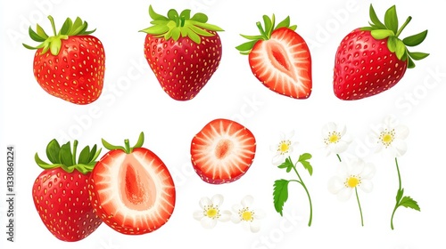100.A clean and simple vector set showcasing whole and halved red strawberries, isolated on a pure white background. The halved strawberries reveal their fleshy, juicy interior, while the whole