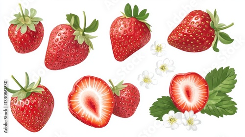 100.A clean and simple vector set showcasing whole and halved red strawberries, isolated on a pure white background. The halved strawberries reveal their fleshy, juicy interior, while the whole