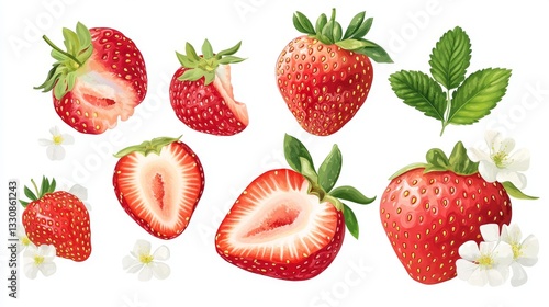 100.A clean and simple vector set showcasing whole and halved red strawberries, isolated on a pure white background. The halved strawberries reveal their fleshy, juicy interior, while the whole
