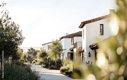 White Stucco Houses With Tile Roofs Line A Landscaped Street In Afternoon Sun