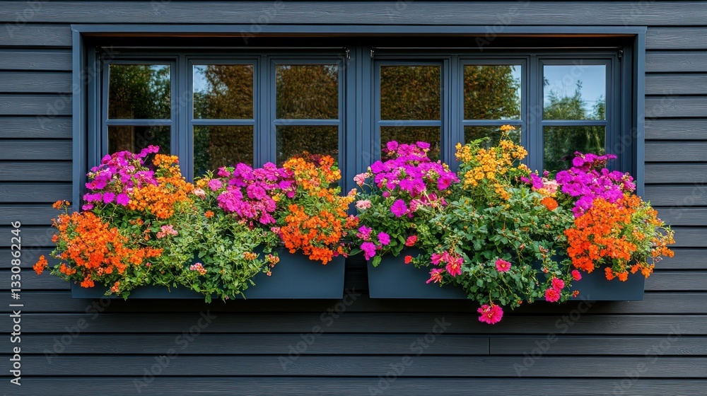 Fototapeta premium Vibrant flowers in window boxes adorn a dark gray house