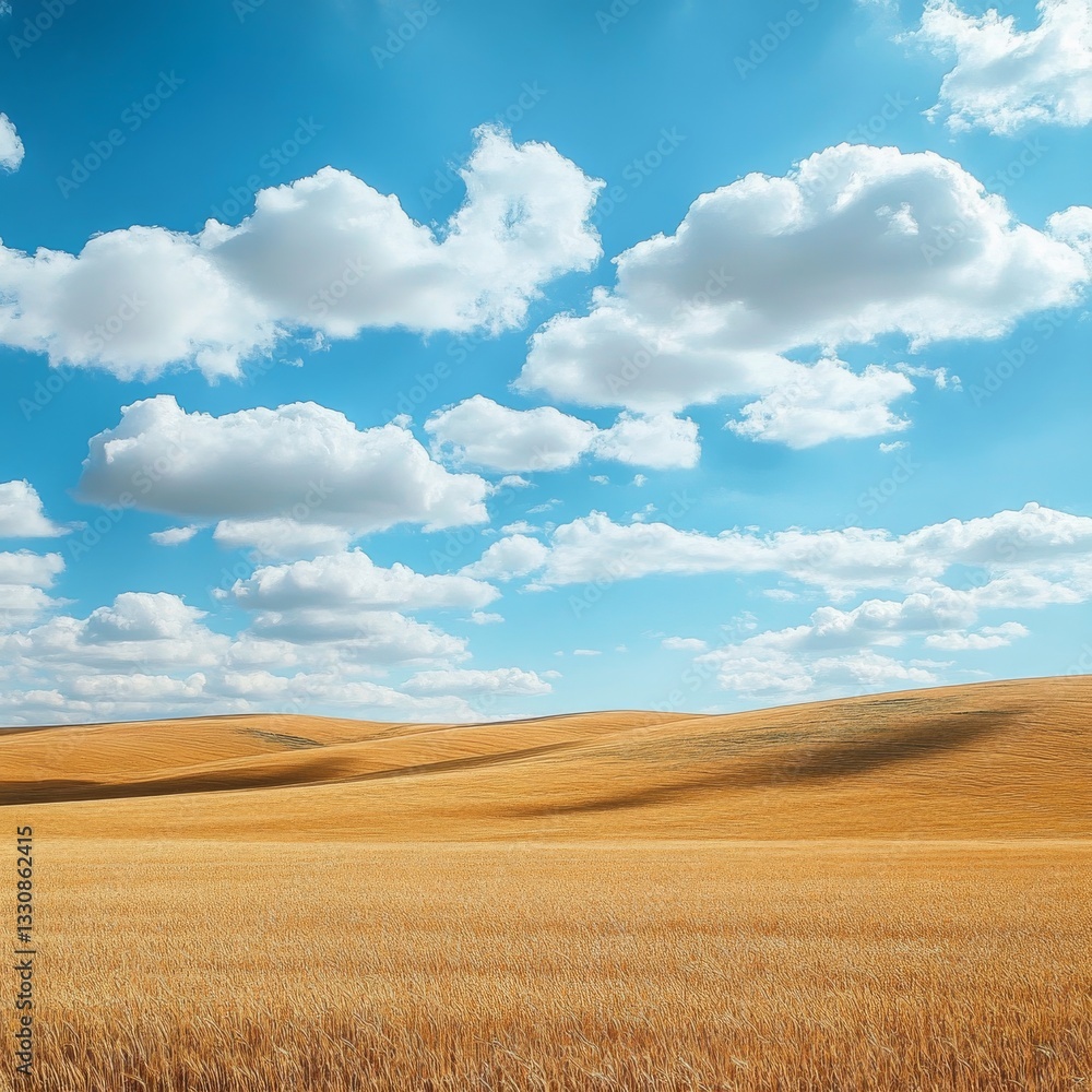 Fototapeta premium A picturesque countryside landscape with rolling hills, golden wheat fields under the blue sky and fluffy white clouds, capturing the beauty of nature in a serene setting.