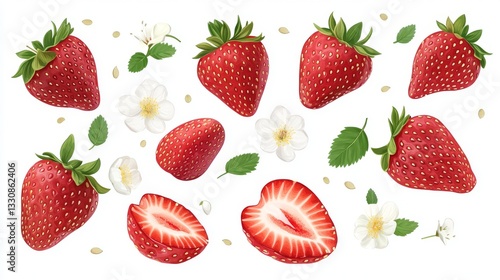 101.A flat design vector set featuring whole and halved red strawberries, surrounded by soft, white flower petals and tiny green leaves. The strawberries are vividly red, with a smooth, glossy
