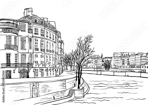 Romantic view of old Paris and river Seine. Paris, France. Hand drawn sketch. Line art. Ink drawing. Black and white vector background. For illustration and romantic Postcards.