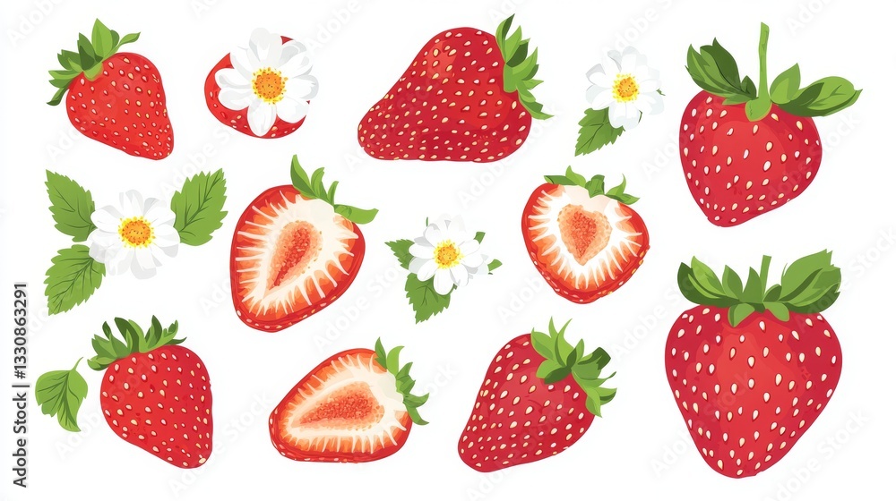 102.A modern flat-style vector design of fresh strawberries, both whole and halved, isolated on a clean white background. The halved strawberries show off their soft, juicy interior, while the whole 102.A modern flat-style vector design of fresh strawberries, both whole and halved, isolated on a clean white background. The halved strawberries show off their soft, juicy interior, while the whole