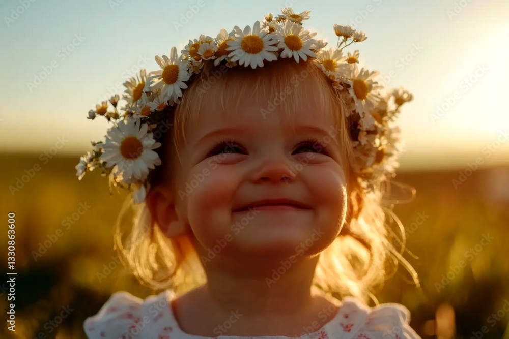 Happy caucasian infant girl with blond hair wearing white flower circlet on her head. Happy warm season conceptual art. Golden hour in sunset. Child’s peaceful summer retreat. Happy caucasian infant girl with blond hair wearing white flower circlet on her head. Happy warm season conceptual art. Golden hour in sunset. Child’s peaceful summer retreat.