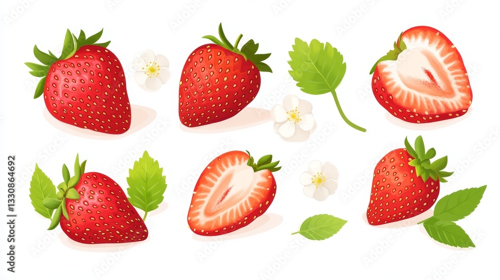 103.A set of vector illustrations in a trendy flat style, featuring whole and halved strawberries with vibrant red coloring and tiny seeds. The berries are isolated on a pure white background, with 103.A set of vector illustrations in a trendy flat style, featuring whole and halved strawberries with vibrant red coloring and tiny seeds. The berries are isolated on a pure white background, with