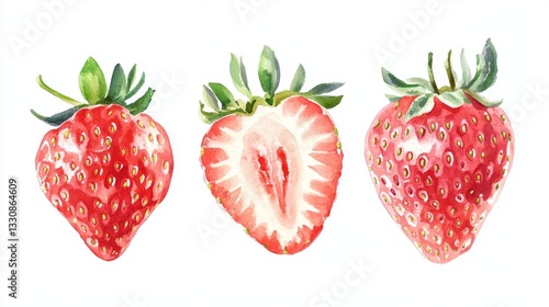 93.A set of elegant packaging design templates featuring a hand-painted watercolor strawberry illustration. The design showcases a vibrant, fresh strawberry with soft, flowing strokes, complemented