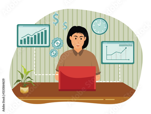 Project Initiation and planning. Businesswoman Working with Financial Charts and Laptop.