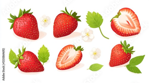 103.A set of vector illustrations in a trendy flat style, featuring whole and halved strawberries with vibrant red coloring and tiny seeds. The berries are isolated on a pure white background, with