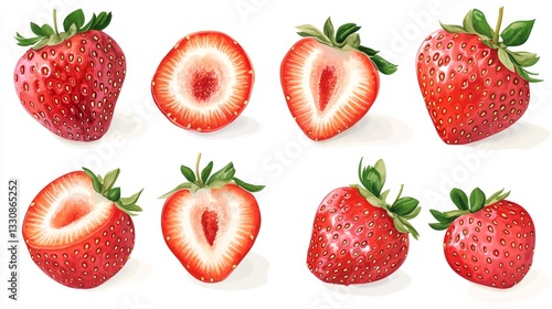 118.A trendy, hand-drawn vector design of whole and halved red strawberries, isolated on a clean white background. The berries are illustrated with rich, vibrant reds, their seeds and leaves