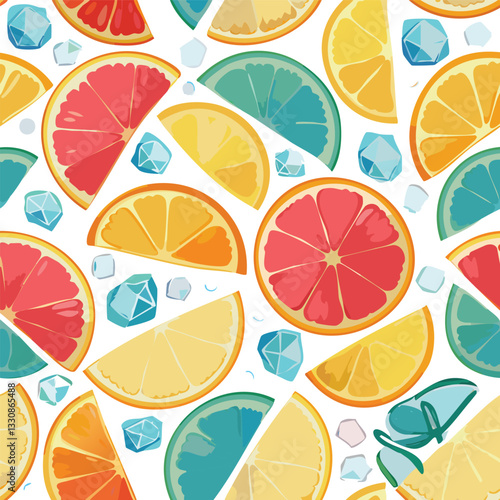An illustration of a mosaic art piece consisting of sliced exotic fruit and sparkling jewels. The fruit slices are arranged in a pattern on a white background. The jewels are small and are intersperse