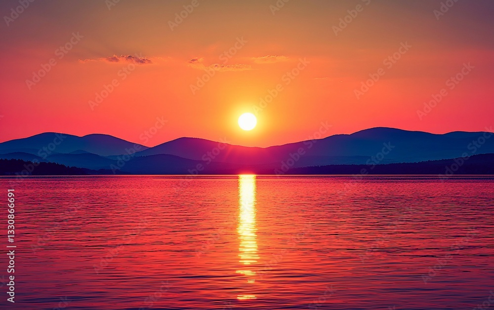 Fototapeta premium Stunning Sunset over Calm Water and Mountains