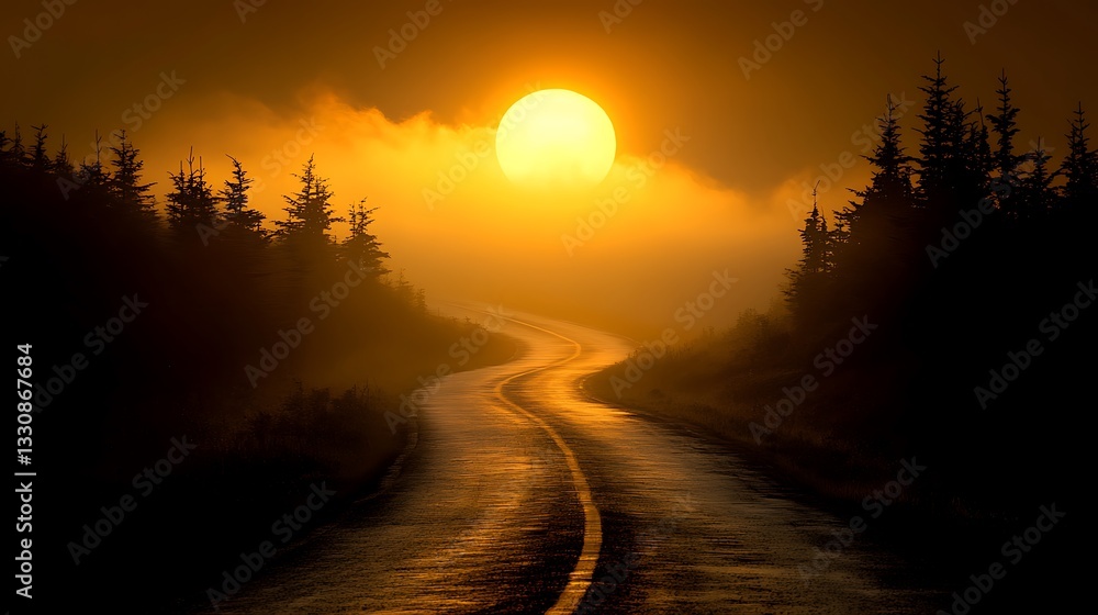 Sunrise Over Misty Pine Forest Road With Curving Tire Tracks, landscape view Sunrise Over Misty Pine Forest Road With Curving Tire Tracks, landscape view