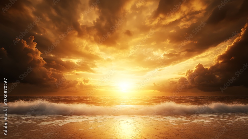 Fototapeta premium Serene sunset over the ocean with dramatic clouds and shimmering waves.