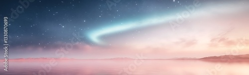 A serene landscape featuring a colorful aurora above a calm lake at twilight.