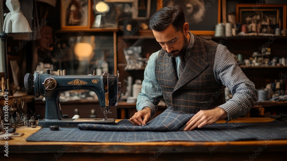 Tailor Crafting Exquisite Tweed: A Master Craftsman at Work in His Vintage Atelier Tailor Crafting Exquisite Tweed: A Master Craftsman at Work in His Vintage Atelier