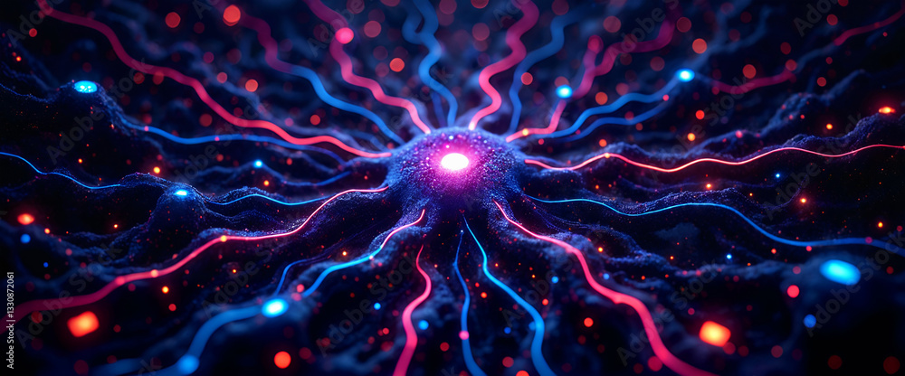 Naklejka premium Electric Neuron Impulse, Vibrant Neural Network, Red and Blue, Neuroscience Visualization, Brain Activity