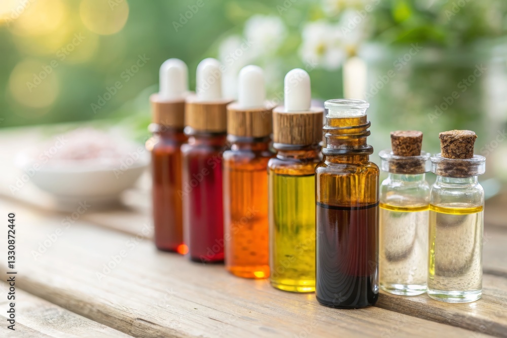 Essential Oil Bottles on Wooden Surface Essential Oil Bottles on Wooden Surface
