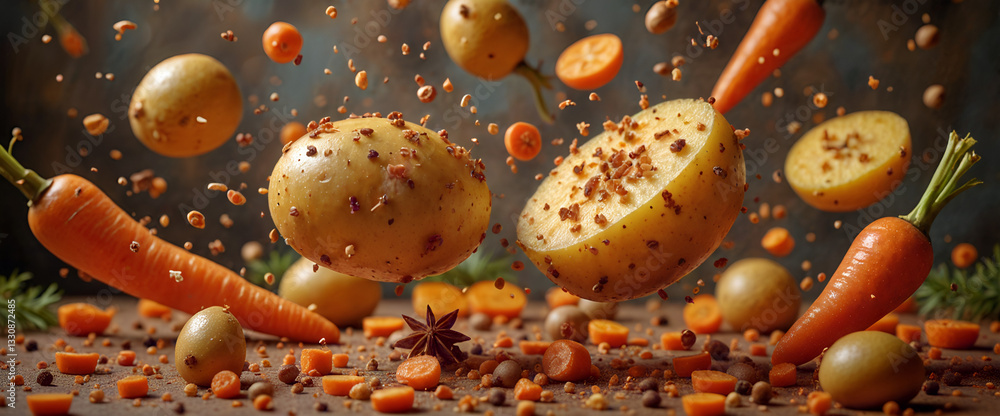 Rustic French Scene of Sliced Potatoes and Carrots with Spices on Dark Wooden Surface – Warm Lighting for Culinary or Farm Life Blog Designs Rustic French Scene of Sliced Potatoes and Carrots with Spices on Dark Wooden Surface – Warm Lighting for Culinary or Farm Life Blog Designs