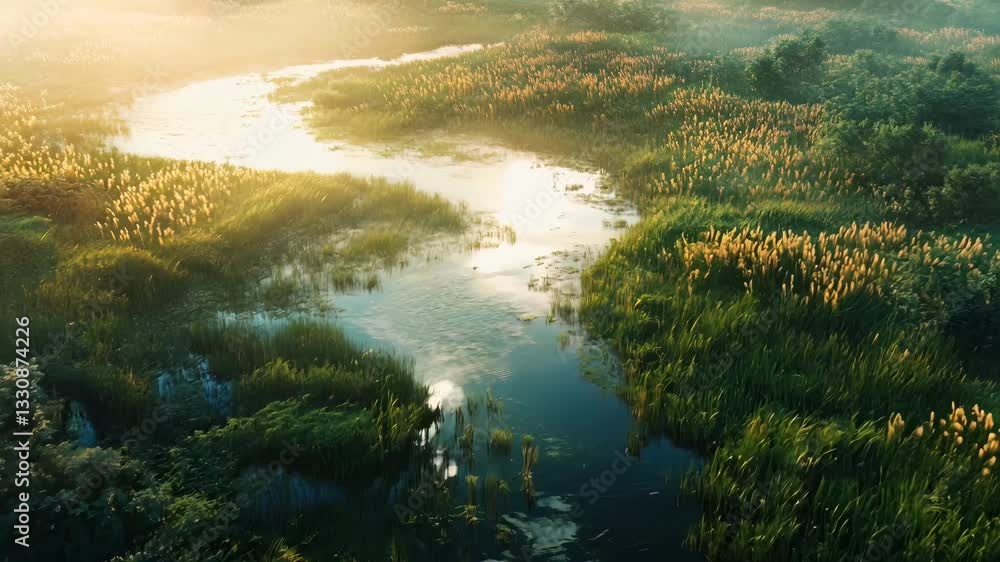 A peaceful marshland bathed in warm sunlight, featuring a gently winding stream surrounded by lush green grasses and scattered trees. The golden light enhances the tranquil and untouched beauty A peaceful marshland bathed in warm sunlight, featuring a gently winding stream surrounded by lush green grasses and scattered trees. The golden light enhances the tranquil and untouched beauty