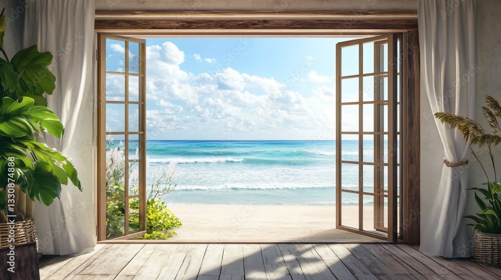 Fototapeta premium Serene Ocean View Through Open Doors from a Coastal Home Interior