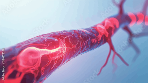 A digitally enhanced microscopic image shows a section of a blood vessel. The vessel is predominantly red and displays visible plaque buildup along its walls. The image's color palette is primarily