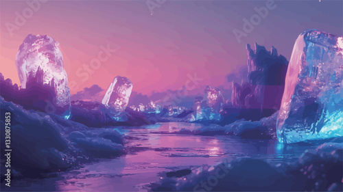 The image depicts a digital rendering of a fantastical landscape.  The scene is dominated by numerous tall, crystalline formations exhibiting various shades of pink, purple, and blue. These