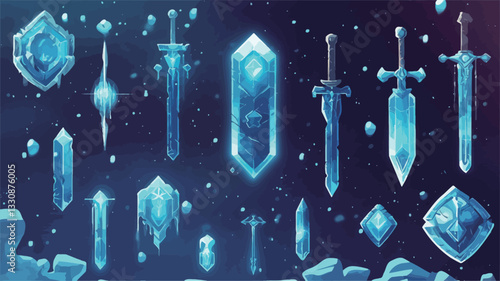 A digital illustration depicting a collection of various ice swords and shields against a dark blue background. The objects are rendered with a stylized, slightly cartoonish aesthetic, showcasing